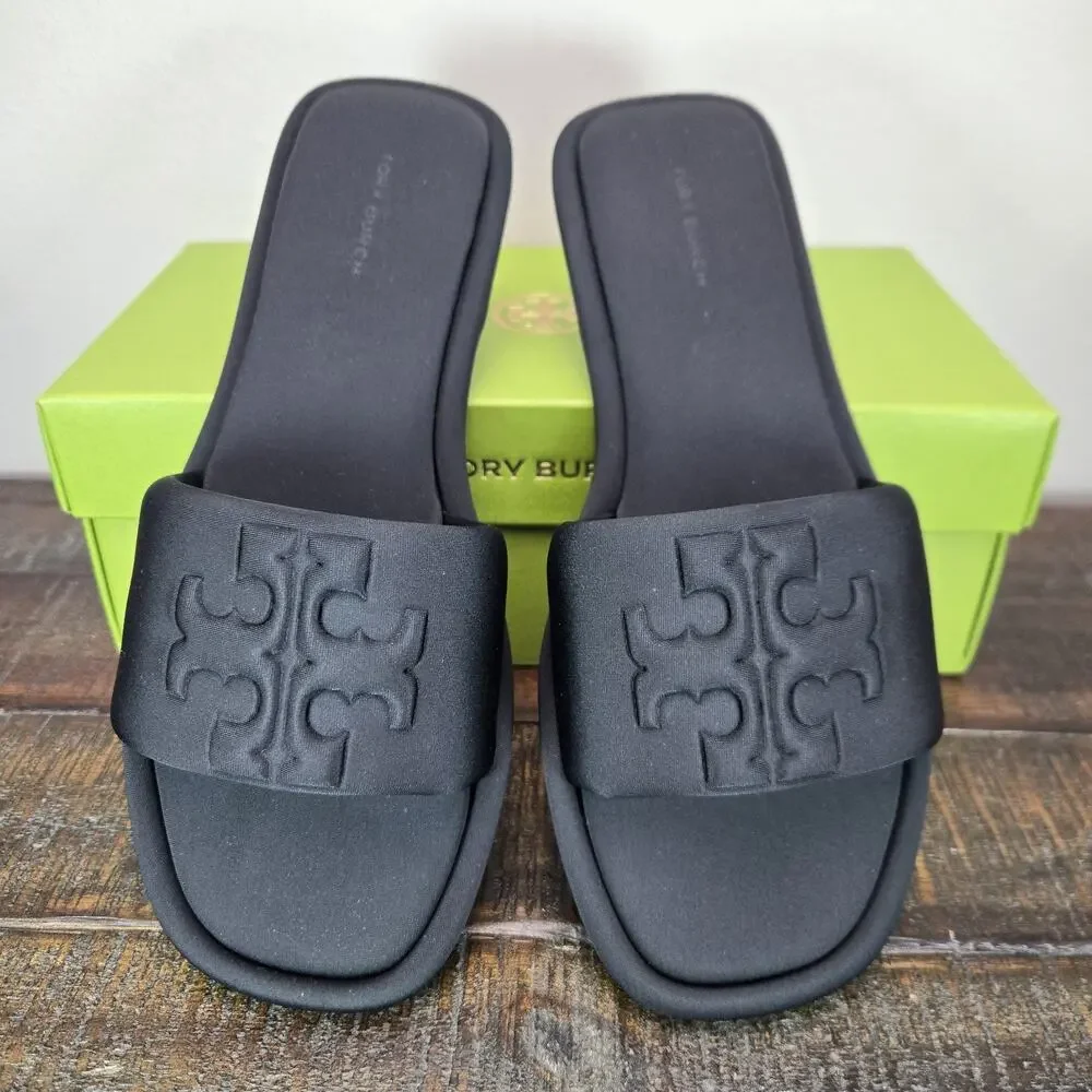 NEW Tory Burch Double T Sport Slides Womens Size 8 Logo Sandals Flip Flops Black